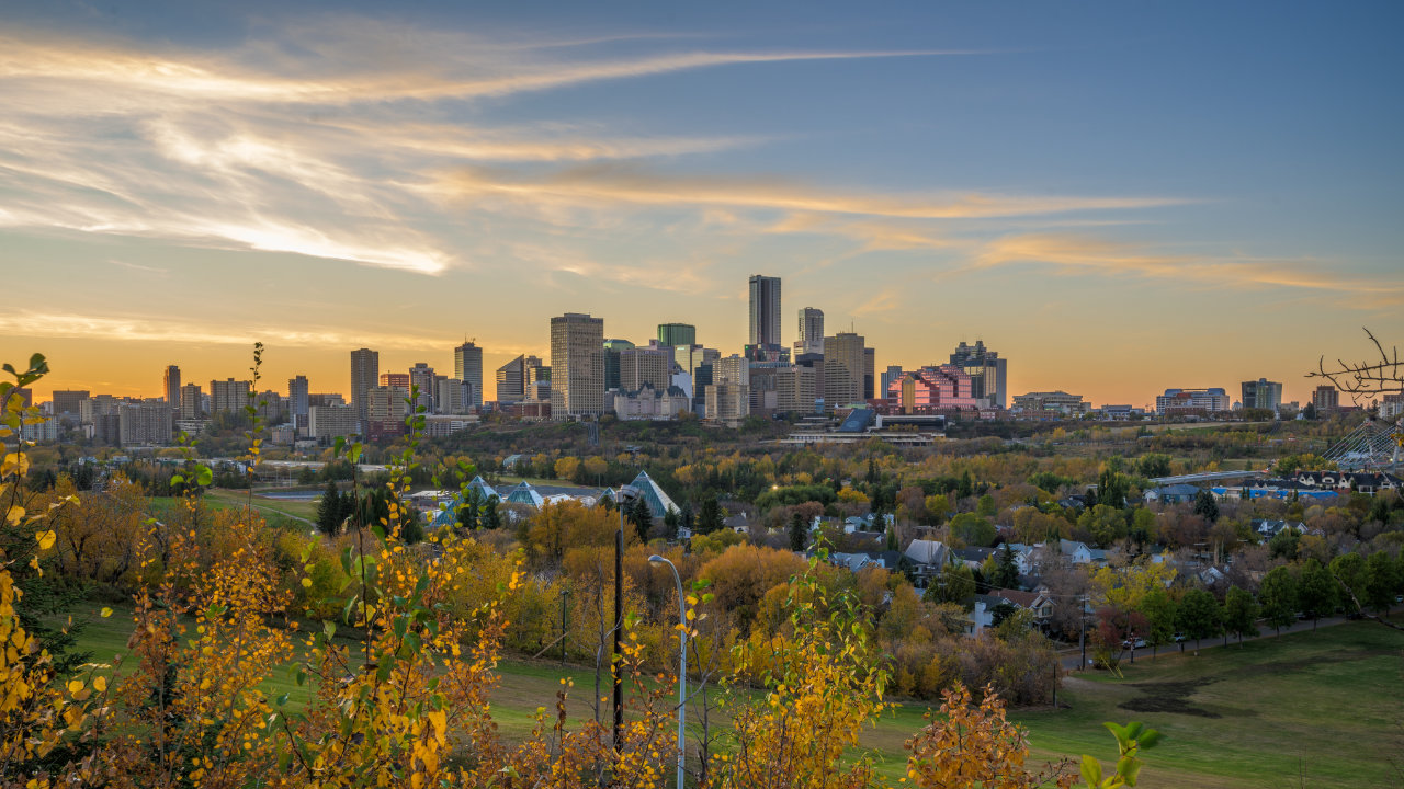 view of the Edmonton skyline in Alberta, at dawn